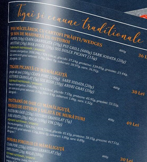 Calcul valori nutritionale meniu restaurant