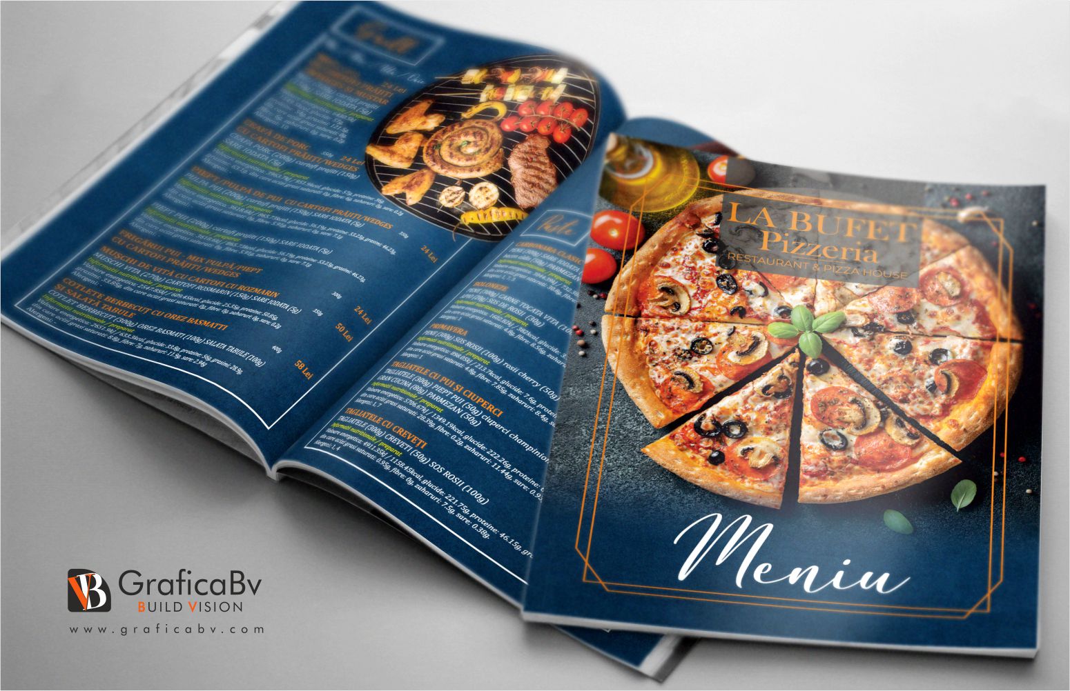 Grafica meniu Pizzerie si Restaurant – model albastru navy